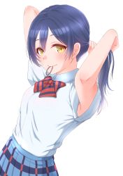 Rule 34 | 10s, 1girl, absurdres, adjusting hair, armpit peek, arms up, blue hair, blush, bow, bowtie, closed mouth, commentary request, hair between eyes, hair tie in mouth, highres, holding, kobayashi nyoromichi, long hair, looking at viewer, love live!, love live! school idol project, mouth hold, otonokizaka school uniform, red bow, red bowtie, school uniform, shirt, short sleeves, simple background, skirt, smile, solo, sonoda umi, standing, striped bow, striped bowtie, striped clothes, striped neckwear, tying hair, white background, white shirt, yellow eyes