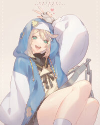 Rule 34 | 1boy, androgyne symbol, aqua eyes, bike shorts, bike shorts under skirt, black gloves, blonde hair, bridget (guilty gear), commentary request, cuffs, fingerless gloves, gloves, guilty gear, guilty gear strive, habit, handcuffs, highres, hood, hood up, hooded jacket, hoodie, jacket, long sleeves, looking at viewer, male focus, medium hair, open clothes, open hoodie, open mouth, puffy long sleeves, puffy sleeves, smile, talgi, trap, v