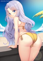 Rule 34 | 1girl, artist logo, artist name, ass, bare shoulders, beach, bikini, blue eyes, blush, breasts, cameltoe, commission, cowboy shot, fire emblem, fire emblem: thracia 776, hand on wall, huge ass, leaning forward, long hair, looking at viewer, looking back, nabunabu, nintendo, ocean, parted bangs, purple hair, sara (fire emblem), shoulder blades, side-tie bikini bottom, small breasts, smile, solo, standing, swimsuit, very long hair, yellow bikini