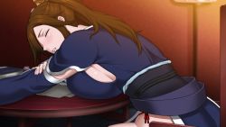 Rule 34 | 1girl, ass, back, blush, breast press, breasts, brown hair, chair, closed eyes, earrings, game cg, huge breasts, indoors, jewelry, legs, long hair, obi, original, parted lips, ponytail, ryomou shimei (sangoku hime), sangoku hime, sangoku hime 2, sash, sideboob, sitting, sleeping, solo, table, thighs, unicorn-a, wide sleeves