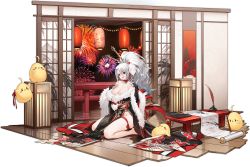 Rule 34 | 1girl, azur lane, bare shoulders, breasts, choker, cleavage, cross, dishwasher1910, fireworks, full body, fur trim, hair ornament, hair stick, hand on own chest, hands up, highres, indoors, iron cross, japanese clothes, kimono, lantern, large breasts, long hair, looking at viewer, manjuu (azur lane), mole, mole under eye, no panties, official alternate costume, official art, open mouth, paper lantern, prinz heinrich (azur lane), prinz heinrich (fireworks and tapestries) (azur lane), red eyes, sitting, smile, thighs, transparent background, very long hair, wariza, white hair, wooden floor