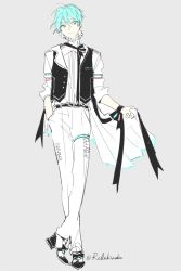 Rule 34 | 1boy, adapted costume, artist name, belt, blue eyes, blue hair, closed mouth, commentary request, crossed ankles, dress shoes, formal, full body, genderswap, genderswap (ftm), grey background, hair between eyes, hand in pocket, hatsune mikuo, head tilt, lapels, light smile, limited palette, looking at viewer, male focus, miku symphony (vocaloid), pants, rella, shirt, short hair, signature, simple background, sketch, sleeves rolled up, solo, standing, suit, vocaloid, waistcoat, white pants, white shirt