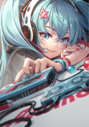 Rule 34 | 1girl, blonde hair, blue eyes, blue nails, bracelet, cassette player, cassette tape, closed mouth, commentary, english commentary, hair between eyes, hair ornament, hatsune miku, headphones, highres, jewelry, long hair, looking at viewer, maple (maplehy), nail polish, red nails, smile, solo, star (symbol), star hair ornament, twintails, upper body, vocaloid
