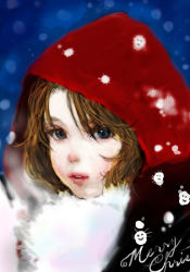 Rule 34 | blue eyes, brown hair, christmas, hood, lips, nose, original, ponsuke (pon00000), portrait, snow, solo
