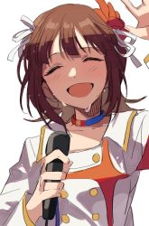 Rule 34 | 1girl, absurdres, amami haruka, arm up, brown hair, buttons, commentary, closed eyes, flower, hair flower, hair ornament, hair ribbon, hano9789, highres, holding, holding microphone, idolmaster, idolmaster (classic), microphone, open mouth, red flower, ribbon, shaded face, shirt, short hair, simple background, smile, solo, starpiece memories (idolmaster), sweat, upper body, waving, white background, white ribbon, white shirt