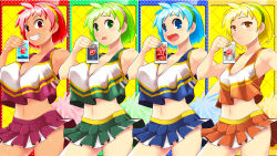Rule 34 | 4girls, :&lt;, :d, bishi bashi (series), bishi bashi channel, blonde hair, blue eyes, blue hair, blue nails, blue skirt, blush, breasts, brown eyes, cellphone, cheerleader, cheerleader blue, cheerleader green, cheerleader red, cheerleader yellow, cleavage, closed mouth, comiket 94, commentary request, cowboy shot, crop top, expressionless, green eyes, green hair, green hairband, green nails, green skirt, grin, hairband, highres, holding, holding phone, large breasts, looking at viewer, midriff, miniskirt, multiple girls, nail polish, navel, open mouth, orange shirt, orange skirt, osamu yagi, phone, pink hair, pink hairband, pink nails, red eyes, red skirt, shirt, short hair, skirt, smartphone, smile, textless version, white shirt, yellow hairband, yellow nails