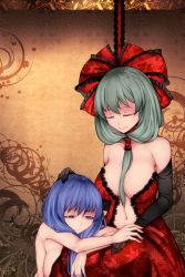 Rule 34 | 2girls, absurdres, alternate costume, aoshima, bare shoulders, between breasts, black gloves, blue eyes, blue hair, breasts, collarbone, commentary request, dress, elbow gloves, empty eyes, closed eyes, front ponytail, gloves, green hair, hair down, hair ornament, half-closed eyes, hand on another&#039;s head, highres, indoors, kagiyama hina, kawashiro nitori, large breasts, leaf print, long hair, multiple girls, navel, no headwear, no headwear, nude, parted lips, red dress, red ribbon, ribbon, sitting, smile, touhou, upper body