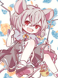 Rule 34 | 1girl, :d, ahoge, animal ears, basket, bloomers, blush, capelet, clothing cutout, commentary request, dowsing rod, dress, foot out of frame, grey capelet, grey dress, grey hair, hair between eyes, highres, holding, holding stick, holding with tail, looking at viewer, mouse (animal), mouse ears, mouse tail, nazrin, open mouth, prehensile tail, red eyes, rekishitai hoonoji, ribbon, short hair, simple background, smile, solo, stick, tail, touhou, underwear, white background, yellow neckwear, yellow ribbon
