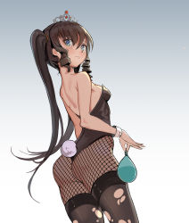 Rule 34 | 1girl, absurdres, ass, backless outfit, bad id, bad pixiv id, bare back, bare shoulders, black leotard, black pantyhose, blue eyes, breasts, brown hair, commentary request, drill hair, fake tail, fishnet pantyhose, fishnets, gradient background, hair between eyes, highleg, highleg leotard, highres, holding, korean commentary, leotard, lily bloomerchen, long hair, medium breasts, merchant91, pantyhose, playboy bunny, rabbit tail, sideboob, sidelocks, solo, soulworker, standing, strapless, strapless leotard, tail, thighhighs, thong, thong leotard, tiara, torn clothes, torn legwear, twintails, wrist cuffs