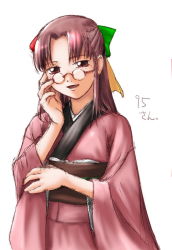 Rule 34 | 1girl, 95-tan, :d, brown eyes, brown hair, exif thumbnail surprise, female focus, glasses, half updo, head tilt, japanese clothes, kimono, long hair, long sleeves, looking at viewer, open mouth, os-tan, simple background, sketch, smile, solo, standing, traditional clothes, upper body, white background, wide sleeves