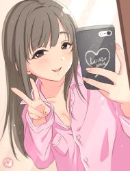 Rule 34 | 1girl, breasts, cellphone, cleavage, commentary request, copyright request, fang, fingernails, grey eyes, grey hair, half-closed eyes, heart, highres, holding, holding phone, long sleeves, looking at viewer, mirror, nail polish, pajamas, parted lips, phone, pink nails, reflection, selfie, smartphone, smile, solo, tsukana (saba mizore), v