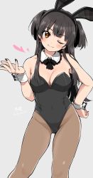 Rule 34 | 1girl, animal ears, ascot, black bow, black bowtie, black hair, black leotard, black nails, bow, bowtie, breasts, brown eyes, brown pantyhose, cleavage, commentary request, contrapposto, cowboy shot, detached collar, fake animal ears, grey background, highres, idolmaster, idolmaster shiny colors, kirikirimai (kkm), leotard, long hair, looking at viewer, mayuzumi fuyuko, medium breasts, nail polish, one eye closed, pantyhose, playboy bunny, rabbit ears, simple background, smile, solo, standing, strapless, strapless leotard, two side up, wrist cuffs