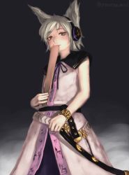 Rule 34 | 1girl, bare shoulders, belt, blush, bracelet, breasts, covering own mouth, cowboy shot, dark background, earmuffs, envenomist (gengoroumaru), grey background, grey hair, holding, holding stick, jewelry, looking at viewer, nose, perspective, pointy hair, realistic, ritual baton, sailor collar, scabbard, sheath, short hair, simple background, sleeveless, small breasts, solo, stick, swept bangs, sword, touhou, toyosatomimi no miko, weapon
