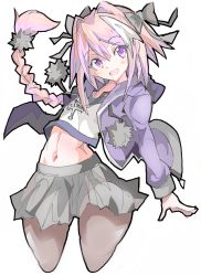 Rule 34 | 1boy, :d, astolfo (fate), black bow, black skirt, blush, bow, braid, cowboy shot, cropped legs, crossdressing, drawstring, enpe, fang, fate/apocrypha, fate (series), hair between eyes, hair bow, hair intakes, highres, jacket, long hair, long sleeves, looking at viewer, male focus, multicolored hair, navel, open clothes, open jacket, open mouth, pink hair, pom pom (clothes), purple eyes, purple jacket, simple background, single braid, skirt, smile, solo, trap, two-tone hair, white background, white hair
