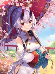 Rule 34 | 1girl, bad id, bad twitter id, blue sky, blurry, blurry background, blurry foreground, blush, branch, cherry blossoms, china dress, chinese clothes, closed mouth, cloud, commentary request, day, depth of field, detached sleeves, dress, fate/grand order, fate (series), flower, gradient background, hair between eyes, hair ribbon, heroic spirit traveling outfit, high ponytail, hitsukuya, holding, holding umbrella, horns, long hair, long sleeves, oil-paper umbrella, oni, oni horns, outdoors, petals, pink background, pink flower, ponytail, railing, red eyes, red ribbon, red umbrella, ribbon, sidelocks, silver hair, sky, sleeveless, sleeveless dress, smile, solo, tomoe gozen (fate), tomoe gozen (traveling outfit) (fate), umbrella, very long hair, white background, white dress, white sleeves, wide sleeves