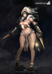 Rule 34 | 1girl, angry, areola slip, blue eyes, breasts, female focus, full body, kingdom death, lantern, large breasts, lips, lokman lam, revealing clothes, simple background, solo, watermark, weapon, web address