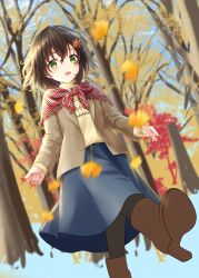 Rule 34 | 1girl, :d, absurdres, autumn, autumn leaves, black hair, black pantyhose, blazer, blue skirt, blurry, blurry background, boots, brown footwear, brown jacket, capelet, depth of field, from below, green eyes, hair between eyes, hair ornament, high heel boots, high heels, highres, jacket, leaf hair ornament, long sleeves, medium hair, motion blur, open mouth, original, outdoors, pantyhose, plaid capelet, red capelet, skirt, smile, solo, sweater, tree, turtleneck, turtleneck sweater, unfinished, walking, yellow sweater, yutuki ame