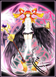 Rule 34 | 1girl, animal hands, bare shoulders, black wings, blunt bangs, breasts, broken, broken chain, chain, claws, commentary request, dress, duel monster, feathered wings, feathers, hair rings, harpie channeler, harpy, highres, holding, holding staff, long hair, magic circle, medium breasts, midriff, monster girl, navel, orange hair, pointy ears, soldout0726, solo, staff, talons, thighhighs, twintails, white dress, white thighhighs, winged arms, wings, yu-gi-oh!