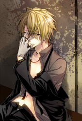 Rule 34 | 1boy, amnesia (idea factory), bad id, bad pixiv id, blonde hair, gloves, hand over face, jacket, jewelry, key, male focus, necklace, open clothes, pants, sitting, solo, toma (amnesia), yamika, yellow eyes
