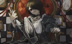 Rule 34 | 1girl, black choker, black eyes, black footwear, black hair, black jacket, blurry, blurry foreground, checkered background, chess piece, chessboard, choker, commentary request, evil smile, feet up, hair over one eye, head tilt, highres, holding chess piece, jacket, mirror, open clothes, open jacket, original, parted lips, picture frame, red ribbon, ribbon, shirt, shiun (siun 5513), short hair, smile, solo, throne, upper body, virtual youtuber, white shirt