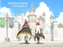 Rule 34 | 2boys, banner, black coat, blue sky, brown footwear, brown pants, capelet, castle, clock, cloud, coat, cobblestone, commentary request, day, english text, from behind, full body, fur-trimmed capelet, fur trim, hat, headphones, high collar, high priest (ragnarok online), high wizard (ragnarok online), layered clothes, long hair, long sleeves, looking at viewer, male focus, multicolored coat, multiple boys, natsuya (kuttuki), outdoors, pants, purple headwear, ragnarok online, ragnarok origin, red capelet, red coat, red hair, shoes, short hair, sky, star (symbol), star print, two-tone coat, walking, white coat, white hair, white pants, witch hat