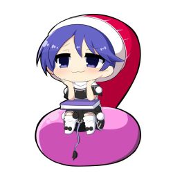 Rule 34 | 1girl, :3, blob, blue eyes, blue hair, book, boots, chibi, commentary request, doremy sweet, dress, hands on own face, hat, nightcap, pom pom (clothes), short sleeves, simple background, sitting, solo, tail, tapir tail, touhou, twumi, white background