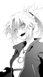 Rule 34 | 1girl, absurdres, fate/apocrypha, fate (series), greyscale, highres, jacket, jewelry, leather, leather jacket, monochrome, mordred (fate), mordred (fate/apocrypha), mordred (memories at trifas) (fate), open mouth, pendant, ponytail, shaded face, solo, tsukamoto minori, white background