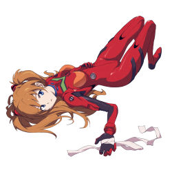Rule 34 | 1girl, absurdres, arukiru, bandages, blue eyes, brown hair, film grain, hand on own stomach, highres, interface headset, light brown hair, long hair, lying, neon genesis evangelion, on back, parted lips, plugsuit, simple background, solo, souryuu asuka langley, twintails, white background