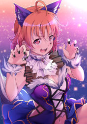 Rule 34 | 1girl, ahoge, animal ears, black nails, blue dress, breasts, claw pose, cleavage, cleavage cutout, clothing cutout, dress, ear piercing, fang, fur-trimmed dress, fur cuffs, fur trim, kanabun, kemonomimi mode, looking at viewer, love live!, love live! school idol festival, love live! school idol festival all stars, love live! sunshine!!, medium breasts, nail polish, navel, navel cutout, open mouth, orange hair, piercing, red eyes, short hair, side cutout, smile, solo, tail, takami chika, v-shaped eyebrows, wolf ears, wolf tail