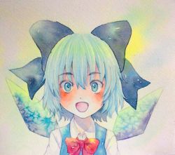Rule 34 | 1girl, blue eyes, blue hair, bow, cirno, hair bow, highres, ice, ice wings, matching hair/eyes, open mouth, painting (medium), smile, solo, touhou, traditional media, watercolor (medium), wings, yuyu (00365676)
