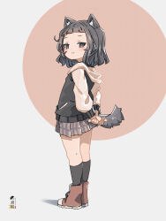 Rule 34 | 1girl, animal ear fluff, animal ears, arms behind back, black hair, black jacket, black socks, blush, boots, borrowed character, brown background, brown footwear, closed mouth, commentary request, forehead, from side, grey background, grey eyes, grey skirt, highres, hood, hood down, hooded jacket, jacket, kuro kosyou, long sleeves, looking at viewer, looking to the side, original, own hands together, plaid, plaid skirt, pleated skirt, puffy long sleeves, puffy sleeves, shadow, short hair, skirt, smile, socks, solo, standing, tail, two-tone background
