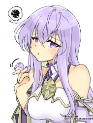 Rule 34 | 1girl, annoyed, bare shoulders, breasts, circlet, dress, fire emblem, fire emblem: genealogy of the holy war, julia (fire emblem), long hair, looking at viewer, medium breasts, nintendo, playing with own hair, pout, purple eyes, purple hair, simple background, solo, yukia (firstaid0)