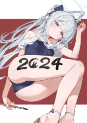 Rule 34 | 1girl, absurdres, ass, black one-piece swimsuit, blue archive, blue halo, blush, breasts, calligraphy brush, closed mouth, collarbone, feet out of frame, frilled one-piece swimsuit, frills, grey hair, halo, highres, holding, holding brush, long hair, miyako (blue archive), miyako (swimsuit) (blue archive), nanmo (nanmokamo), off-shoulder one-piece swimsuit, off shoulder, official alternate costume, one-piece swimsuit, paintbrush, ponytail, purple eyes, small breasts, smile, solo, swimsuit