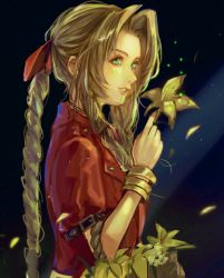 Rule 34 | 1girl, aerith gainsborough, bangle, basket, black background, bracelet, braid, braided ponytail, brown hair, cropped jacket, falling petals, final fantasy, final fantasy vii, final fantasy vii remake, flower, flower basket, green eyes, hair ribbon, highres, holding, holding basket, jacket, jap artistagram, jewelry, long hair, parted bangs, parted lips, petals, pink ribbon, portrait, red jacket, ribbon, short sleeves, sidelocks, smile, solo, upper body, yellow flower