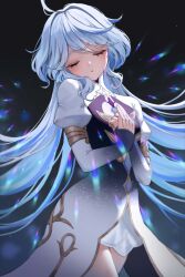 Rule 34 | 1girl, blue hair, closed eyes, cowboy shot, dark background, dress, furina (genshin impact), furrowed brow, genshin impact, gradient dress, hand on own chest, hashtag-only commentary, highres, juliet sleeves, light blue hair, light particles, long hair, long sleeves, multicolored clothes, multicolored dress, open mouth, puffy sleeves, simple background, sleeves past wrists, solo, ueng, very long hair, wavy hair