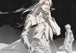 Rule 34 | 2boys, black nails, cigarette, coat, commentary, crop top, daybit sem void, fate/grand order, fate (series), hair over eyes, hand in pocket, hand up, highres, holding, holding cigarette, jacket, jewelry, kalak 39, long hair, long sleeves, looking ahead, male focus, medallion, midriff, monochrome, multiple boys, nail polish, orange-tinted eyewear, pants, pendant, pixiv id, popped collar, short hair, smoke, smoking, spot color, standing, sunglasses, symbol-only commentary, tezcatlipoca (fate), tinted eyewear, twitter username, wind