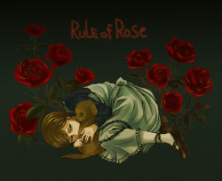 Rule 34 | 1girl, blonde hair, brown (rule of rose), child, dog, dress, flower, holding, jennifer (rule of rose), lying, mary janes, on side, puppy, red rose, rose, rule of rose, shoes, short hair, aged down