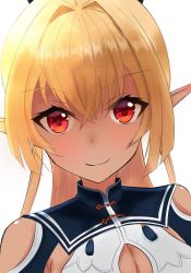 Rule 34 | 1girl, aoihosboshi, bare shoulders, blonde hair, breasts, chinese clothes, cleavage, cleavage cutout, closed mouth, clothing cutout, crossed bangs, dark-skinned female, dark skin, elf, hair between eyes, hair intakes, highres, hololive, long hair, looking at viewer, pointy ears, red eyes, shiranui flare, shiranui flare (old design), shoulder cutout, smile, solo, tagme, virtual youtuber, white background