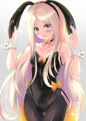 Rule 34 | 1girl, abigail williams (fate), animal ears, bad id, bad pixiv id, black leotard, black pantyhose, blonde hair, blue eyes, bow, breasts, choker, coattails, collarbone, covered navel, fate/grand order, fate (series), forehead, gradient background, highleg, highleg leotard, highres, leotard, long hair, multiple bows, open mouth, orange bow, pantyhose, parted bangs, rabbit ears, shirokuro (monochrome0226), small breasts, sparkle, strapless, strapless leotard, thighs, wrist cuffs