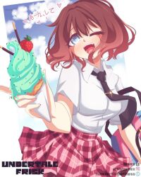 Rule 34 | 1girl, aged up, bad source, black necktie, blue eyes, blue sky, breasts, brown hair, character name, copyright name, dress, fang, fang out, food, frisk (undertale), genderswap, genderswap (otf), heart, holding, holding ice cream cone, ice cream, ice cream cone, ice cream crepe, instagram logo, instagram username, ko-fi logo, ko-fi username, light blush, medium breasts, miniskirt, necktie, nuvex, one eye closed, open mouth, pleated skirt, red skirt, school uniform, skirt, sky, solo, tumblr logo, tumblr username, undertale, white background, white dress