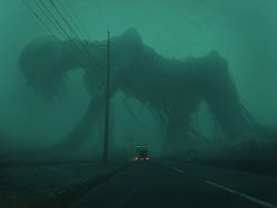 Rule 34 | absurdres, fog, giant, giant monster, highres, horror (theme), kakesoba, monster, motor vehicle, no humans, original, power lines, road, van, wide shot