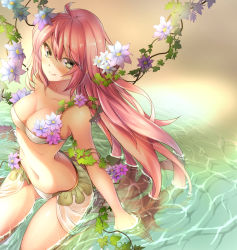 Rule 34 | 10s, 1girl, ahoge, beach, bikini, breasts, cleavage, closed mouth, collarbone, dies irae, eyebrows, eyelashes, flower, frilled bikini, frills, from above, from side, green eyes, hair between eyes, hatori mia, highres, leaf, long hair, looking at viewer, looking up, medium breasts, navel, ocean, outdoors, partially submerged, pink hair, plant, rusalka schwagerin, sand, see-through, shade, shinza bansho series, sitting, smile, solo, stomach, strapless, swimsuit, tube top, very long hair, vines, water, white bikini