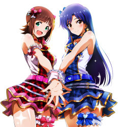 Rule 34 | 2girls, :d, amami haruka, arm strap, armpit peek, bare shoulders, belt, blue bow, blue hair, blue skirt, blunt bangs, blush, bow, breasts, brown eyes, brown hair, collar, collarbone, cowboy shot, earrings, glitter, green eyes, hair bow, hair ornament, heart, heart hair ornament, heart necklace, highres, idol, idolmaster, idolmaster (classic), island (kossori), jewelry, kisaragi chihaya, layered skirt, long hair, looking at viewer, medium breasts, multiple girls, necklace, open mouth, pink bow, plaid, plaid skirt, red skirt, shirt, short hair, skirt, sleeveless, sleeveless shirt, smile, thigh strap, unmoving pattern, wrist cuffs