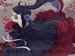 Rule 34 | 1girl, black dress, black hair, bouquet, domino mask, dress, flower, from behind, grey background, half-closed eyes, jessika (splatoon), long sleeves, looking at viewer, mask, mian noodle, nintendo, petals, pointy ears, red eyes, red flower, red hair, red rose, rose, solo, splatoon (series), splatoon 3, suction cups, tentacle hair, twintails