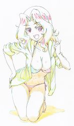 Rule 34 | 1girl, :d, american flag bikini, barefoot, bikini, blonde hair, blue eyes, breasts, cleavage, collarbone, color trace, colored pencil (medium), commentary, flag print, full body, girls und panzer, hair intakes, hand on own hip, head tilt, highres, jacket, kay (girls und panzer), kneeling, large breasts, leaning forward, leaning to the side, long hair, looking at viewer, makicha (sasurainopink), navel, no pants, open clothes, open jacket, open mouth, short sleeves, side-tie bikini bottom, skindentation, smile, solo, swimsuit, thighs, thumbs up, traditional media
