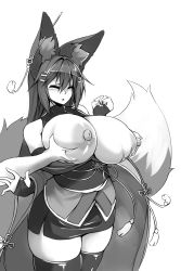 Rule 34 | 1boy, 1girl, animal ear fluff, animal ears, black hair, grabbing another&#039;s breast, breasts, closed eyes, curvy, elbow gloves, fox ears, fox girl, fox tail, gloves, grabbing, hair ornament, hetero, highres, kiri (sub-res), kitsune, large breasts, large tail, long hair, nipples, open mouth, original, solo focus, sub-res, tail, wide hips
