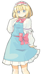 Rule 34 | 1girl, :&gt;, alice margatroid, aqua eyes, arm at side, arnest, blonde hair, blue dress, blush, bob cut, bow, bowtie, breast suppress, bright pupils, capelet, closed mouth, dress, feet out of frame, frilled hairband, frills, hairband, hand up, highres, lolita hairband, long sleeves, looking at viewer, puffy long sleeves, puffy sleeves, red bow, red bowtie, red hairband, red sash, sash, shiny skin, short hair, simple background, smile, solo, split mouth, standing, touhou, waist bow, white background, white capelet, white pupils, wing collar, wrist extended