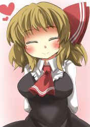 Rule 34 | 1girl, ^ ^, arms behind head, ascot, bad anatomy, blonde hair, breasts, dress, dress shirt, closed eyes, gaoo (frpjx283), hair ribbon, happy, highres, impossible clothes, impossible dress, large breasts, ribbon, rumia, shirt, short hair, smile, solo, touhou