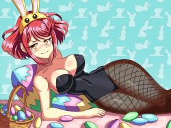 Rule 34 | 1girl, arm support, breasts, cleavage, covered navel, curvy, easter egg, egg, fishnet legwear, fishnets, highres, large breasts, legs, leotard, looking at viewer, lying, narrow waist, pyra (xenoblade), rabbit ears, red hair, short hair, smile, smug, solo, thighs, wide hips, xenoblade chronicles (series), xenoblade chronicles 2, yellow eyes