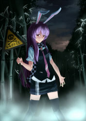 Rule 34 | 1girl, alternate costume, animal ears, bamboo, bamboo forest, between fingers, female focus, forest, holding, juesnow, long hair, miniskirt, nature, necktie, outstretched arm, outstretched hand, purple hair, rabbit ears, red eyes, reisen udongein inaba, scarf, sign, skirt, solo, thighhighs, touhou, zettai ryouiki